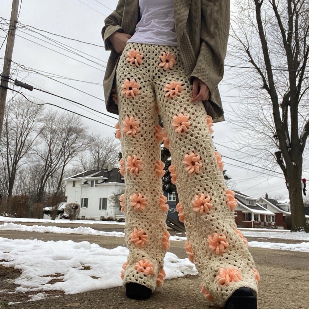 Crochet granny square flower high rise waisted  patchwork streetwear  pants